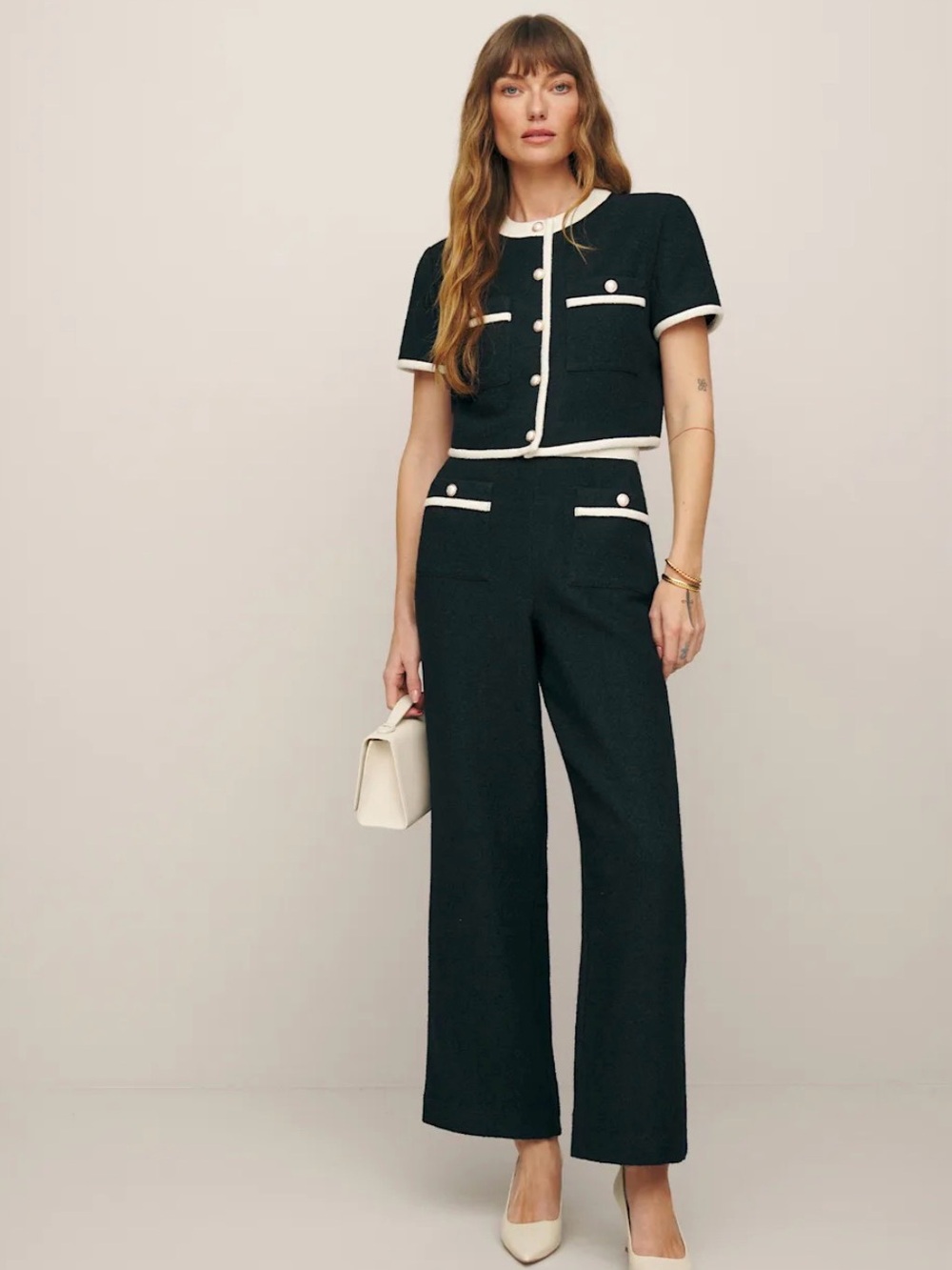 Reformation Black Tweed Wool Blair Crop top and pant set